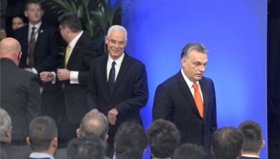 Hungarian PM Viktor Orbán (on the right) at the venue of his 2016 annual speech | Szilárd Koszticsák / MTI